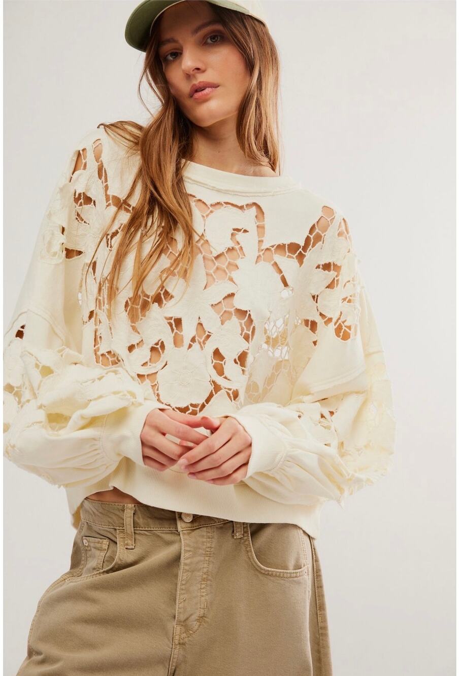 Free People Breezy Slouchy Oversized Floral Cutout Sweatshirt in Ivory — M